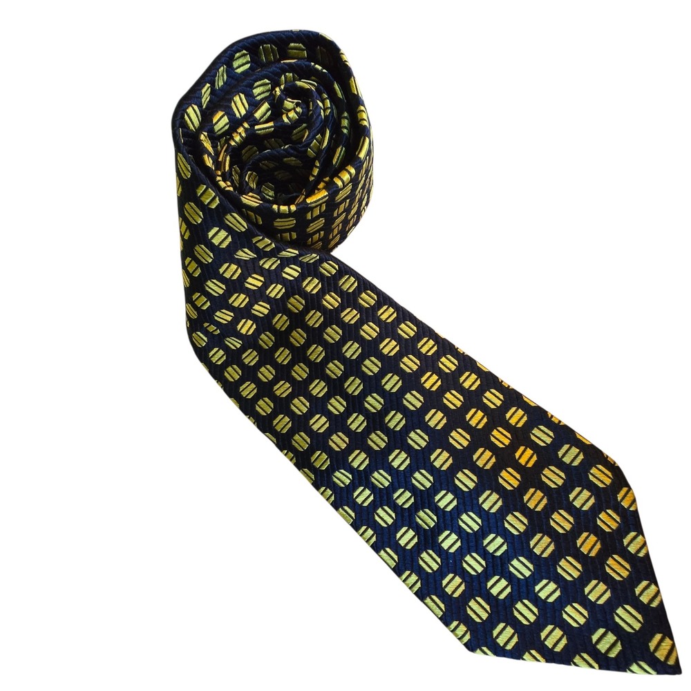 Ermenegildo Zegna Mens Silk Tie Navy Blue Gold Geometric Circle Made in Italy